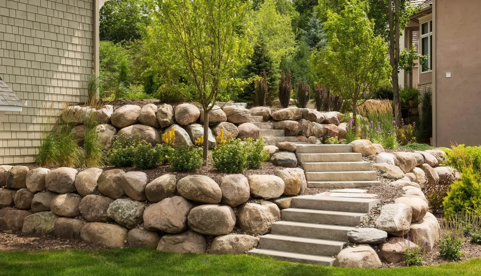 Natural boulder retaining wall with integrated stone steps