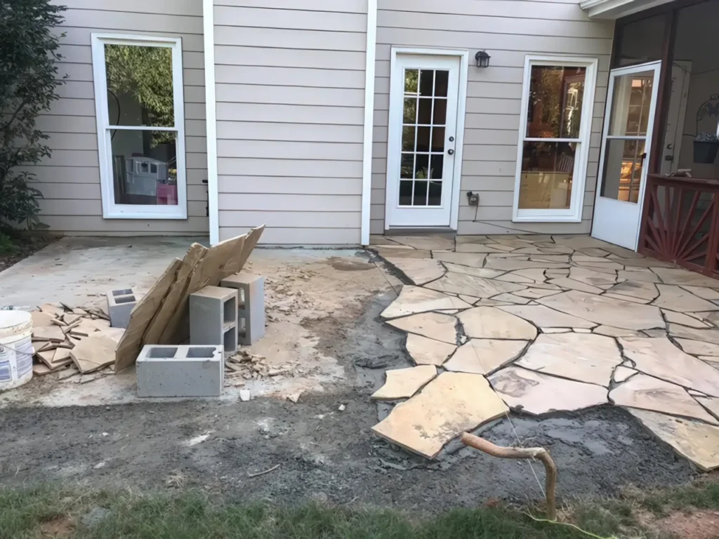 Before: broken flagstone patio with construction debris
